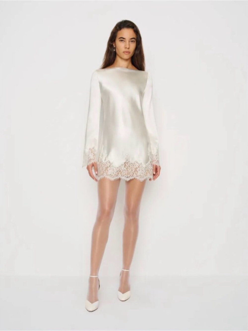 Reformation Ivory Satin Lace-Trim Mini Dress with Long Sleeves